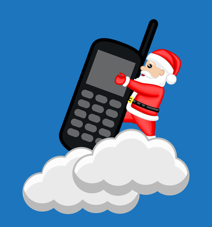 Santa Claus Holding a Phone Over the Cloudsのイラスト素材