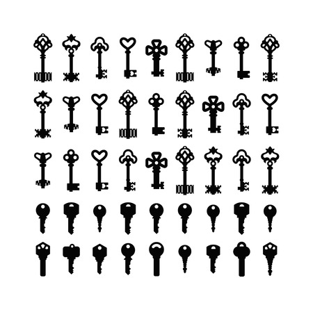 Vintage key antique door key isolated on white background. Access household vintage key. Retro door metal security vintage key and vintage key safe house decorative. Decorative key silhouetteのイラスト素材