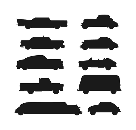 Retro cars icons vintage vector. Classic transportation auto vehicle retro car. Retro car nostalgia automobile old design. Graphic emblem race engine machine shop antique wheels collectionのイラスト素材