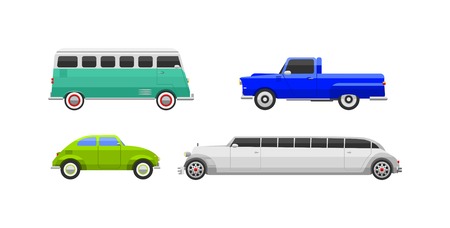 Retro cars icons vintage vector. Classic transportation auto vehicle retro car. Retro car nostalgia automobile old design. Graphic emblem race engine machine shop antique wheels collectionのイラスト素材