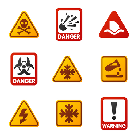 Attention icons danger button and attention warning signs. Attention security alarm symbols. Danger warning attention sign with symbols information and notification icons vectorのイラスト素材