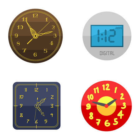 Clocks face dial watch alarm vector illustration. Clock face icon isolated on white background. Clocks, watch silhouette. Old, retro, modern and fashion clocks. Time tools icons, alarm, watch iconsのイラスト素材