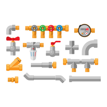 Details water pipes different types collection. Vector set of water pipes water tube industry, gas valve construction. Oil industrial pressure technology plumbing pipes. Steel factory engineeringのイラスト素材