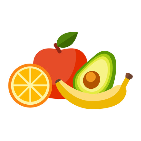 Mix of colored tropical fruits on white background. Composition of tropical and mediterranean fruits healthy food concepts decoration. Vitamin healthy eating food tropical fruits vegetarian nutrition.のイラスト素材