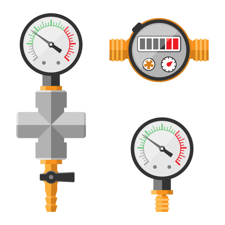 Pressure sensor manometer tool vector icon or pressure sensor on factory pipeline. Circle pressure temperature manometer sensor control for industrial. Water manometer pressureのイラスト素材