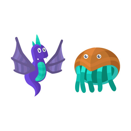 Fantasy monster color grunge character funny design element. Humour emoticon fantasy monsters unique expression sticker isolated. Alien sticker vector fantasy monsters paint crazy animals.のイラスト素材