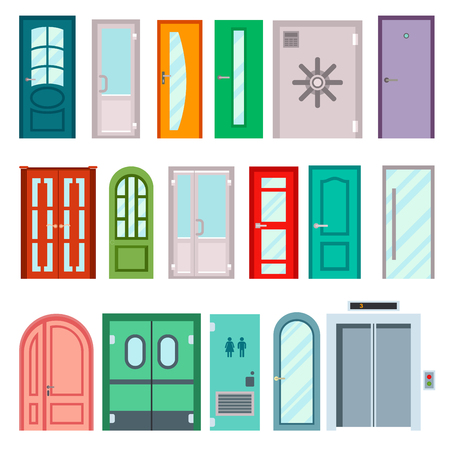 Set of color doors isolated on white. Colorful front doors to houses and buildings set in flat design style isolated. Vector illustration doors isolated modern new decoration open elegant room lock.のイラスト素材