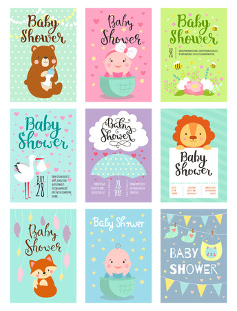Baby shower design with cute woodland animals born arrival vector graphic. Party template vintage cute birth baby shower invitation. Welcome greeting baby shower invitation decoration celebration.のイラスト素材