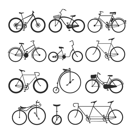 Vintage retro bicycle set and style antique sport old fashion vintage grunge bicycle flat vector. Vintage bicycle set riding bike transport flat vector illustration. Flat bikes, bicycles isolatedのイラスト素材