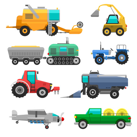Set of different types of agricultural vehicles and harvester machine, combines and excavators. Icon set agricultural harvester machine with accessories for plowing, mowing, planting and harvesting.のイラスト素材