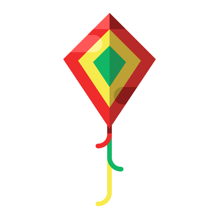 Summer kite and flying kite. Childhood playing freedom game kite and kite hobby toy. Flying kite fun wind summer toy flat vector illustration.のイラスト素材
