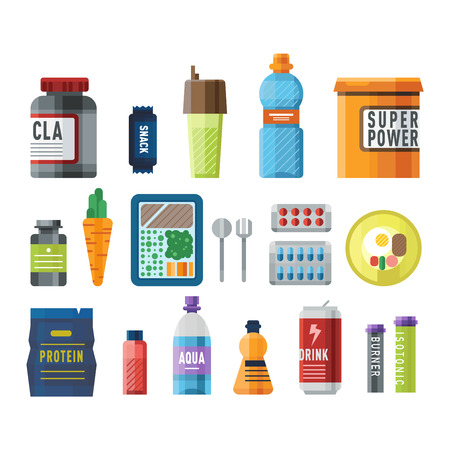 Sports nutrition food icons in flat style detailed vector illustration. Sports food nutrition healthy food and sports nutrition fitness diet. Sports nutrition food bodybuilding proteine power drinkのイラスト素材