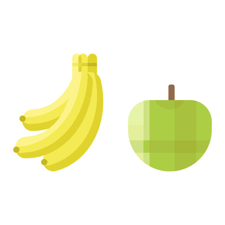 Fresh green apple and banana icon organic food. Fresh sweet green apple vegetarian organic fruit agriculture. Green apple and banana fruits iconのイラスト素材
