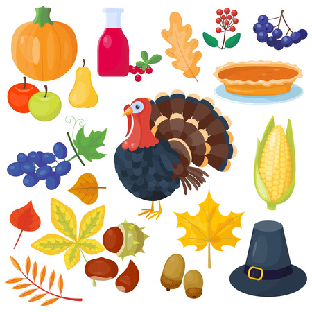 Set of colorful cartoon icons for thanksgiving day. Pumpkin holiday vector thanksgiving icons turkey design leaf celebration. Collection element traditional hat harvest day thanksgiving icons.のイラスト素材