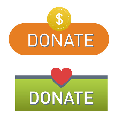 Vector donate concept hand and money button in flat style. Donation gift charity, isolated web donate button design sign contribute. Money giving symbol donate button signのイラスト素材