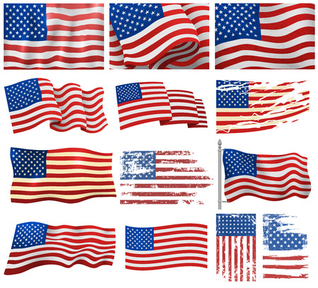 Independence day USA flags. Set of United States american symbol flag USA. American flag set freedom national sign. Wavy USA flag patriotic banner american wavy shape celebration holiday symbol.のイラスト素材