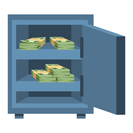 Safe metal box money secure and safe money concept symbol. Finance steel safe treasure storage. Open metal box safe money concept. Security metal safe with money in space inside protection box vector.のイラスト素材