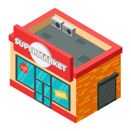 Vector supermarket isometric building isolated. Supermarket isometric building. Supermarket isometric building design. Urban business construction design constructionのイラスト素材