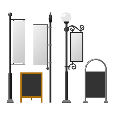 Advertisement billboards and outdoor advertisement templates. Business poster promotion advertising areas vector set. Commercial empty outdoor advertising billboards vector blank.のイラスト素材