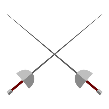 Crossed swords silhouette on white background. Medieval weapons cross swords. Collection of vector edged weapons cross swords. Silver metal sword crossed with red handlesのイラスト素材