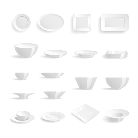 Empty white plates set isolated on the white background vector illustration. Plates templates dinner design blank clean tableware. Restaurant food plates templates kitchen utensil.のイラスト素材