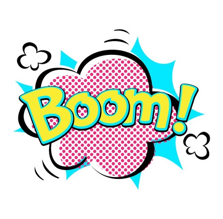 Pop art comic speech bubble boom effects vector. Bubble boom speech and pop explosion bang bubble boom. Communication cloud fun humor book splash element abstract funny balloon.のイラスト素材