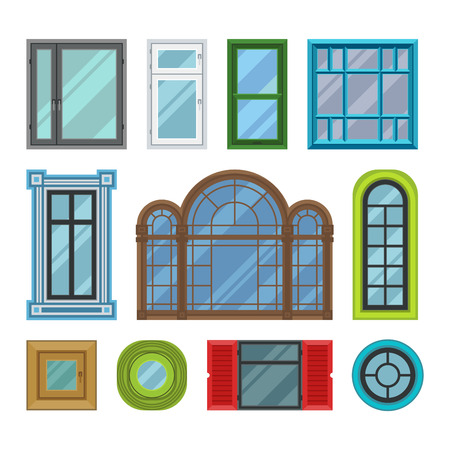 Different types house windows vector elements isolated on white background. Windows elements flat vector style. Vector windows frames. Windows isolated on whiteのイラスト素材