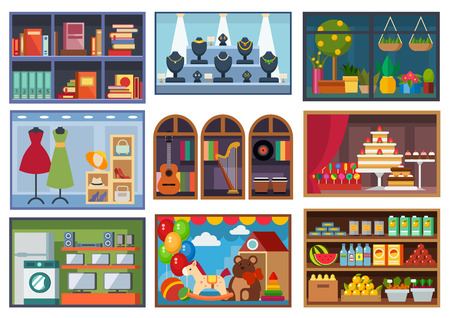 Set of vector flat design restaurants and shops facade icons. Includes bakery, pharmacy, electronics store, ice cream shop, book shop facade, butcher shop, trendy clothing store, jewelry store facade.のイラスト素材