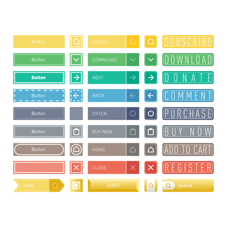 Web elements site buttons and vector shop button set. Design sign buy element shop button and label ui ux buttons. Business banner symbol shop buttons graphic. Square and circle web button.のイラスト素材