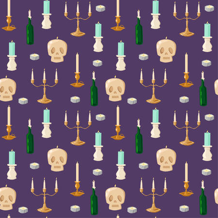 Burning wax old vintage candles and skull vector illustration seamless pattern. Cartoon candle on background. Traditional holidays candles and skull face seamless pattern isolated vector.のイラスト素材