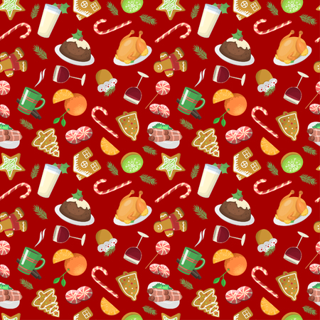 Set of traditional christmas food and desserts holiday decoration seamless pattern. Christmas food xmas sweet celebration dessert. Vector traditional festive winter cake homemade christmas food.のイラスト素材