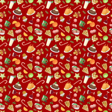 Set of traditional christmas food and desserts holiday decoration seamless pattern. Christmas food xmas sweet celebration dessert. Vector traditional festive winter cake homemade christmas food.のイラスト素材