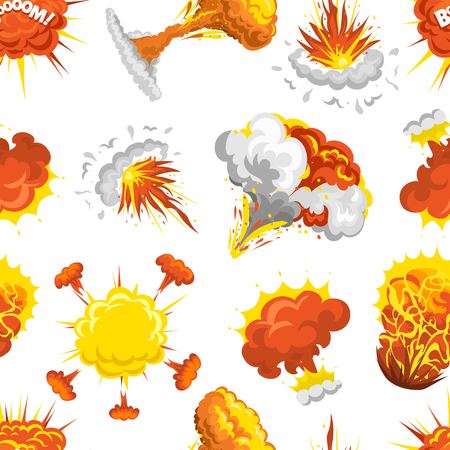 bomb explosion effect seamless pattern vector. Boom fire and strong explosion boom. Fire smoke cloud splash elements. Boom effect illustration seamless patternのイラスト素材