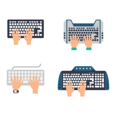 Users hands on keyboard and mouse of computer. Desk office worker keyboard hands concept. Computer, internet, typing. Flat style design keyboard hands vector illustration. Modern concept programmer.のイラスト素材