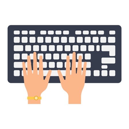 Users hands on keyboard and mouse of computer. Desk office worker keyboard hands concept. Computer, internet, typing. Flat style design keyboard hands vector illustration. Modern concept programmer.のイラスト素材