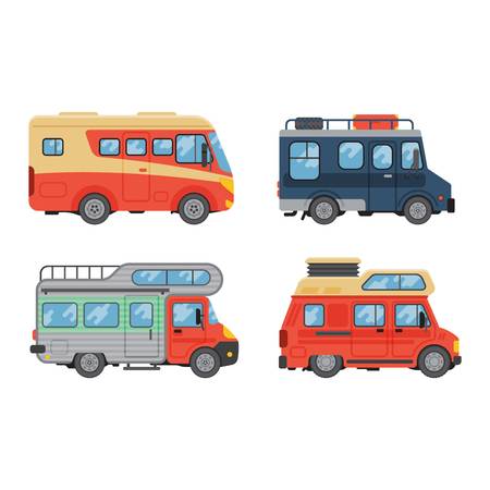 Camping trailer truck vehicle house standing vector, nature holiday trailer house truck concept. Trailer house vector and mobile car park caravan. Trailer house travel camper vehicle.のイラスト素材