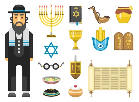 Jewish holidays icons israeli holidays Hanukah, Purim, Pesach, Sukkot, Rosh Hashanah, Shavuot, Simchat-Torah. Jew icons traditional illustration hanukkah. Religious symbol jew icons synagogue culture.のイラスト素材