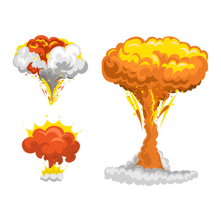 bomb explosion effect vector. Boom fire and strong explosion boom. Fire smoke cloud splash elements....