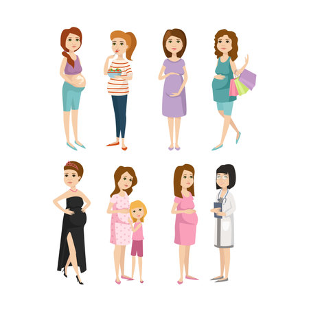 Young pregnant woman, pregnancy female belly expecting beautiful future mother character vector. Pregnant woman lifestyle and pregnant women lifestyle happy mathernity woman. Love parent motherhood.のイラスト素材