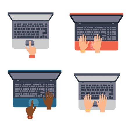 Users hands on keyboard and mouse of computer. Desk office worker keyboard hands concept. Computer, internet, typing. Flat style design keyboard hands vector illustration. Modern concept programmer.のイラスト素材