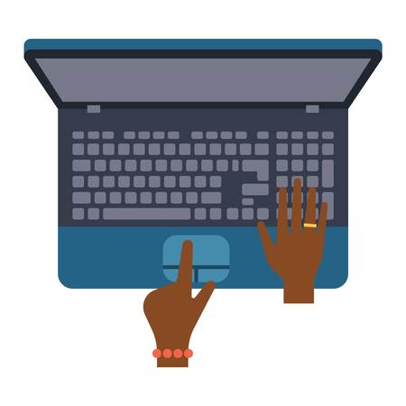 Users hands on keyboard and mouse of computer. Desk office worker keyboard hands concept. Computer, internet, typing. Flat style design keyboard hands vector illustration. Modern concept programmer.のイラスト素材