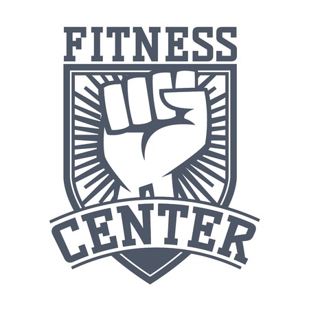 Gym fitness emblem, label, badge logo and design element. Gym fitness logo muscle body weight bodybuilding. Strong people club vector gym fitness logo icon badgeのイラスト素材
