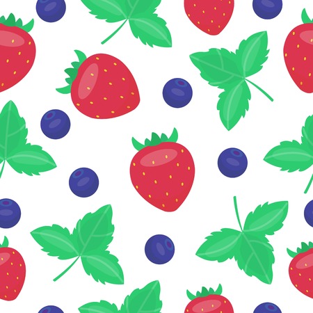 Cartoon fresh berries in flat style. Strawberry blueberry leaves seamless pattern. Fruits seamless patterns food summer design wallpaper vector.のイラスト素材