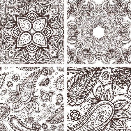 Floral mehendi pattern ornament set. Vector illustration mehendi pattern in asian textile style india tribal ornate. Ethnic ornamental lace vintage mehendi pattern mandala abstract textileのイラスト素材
