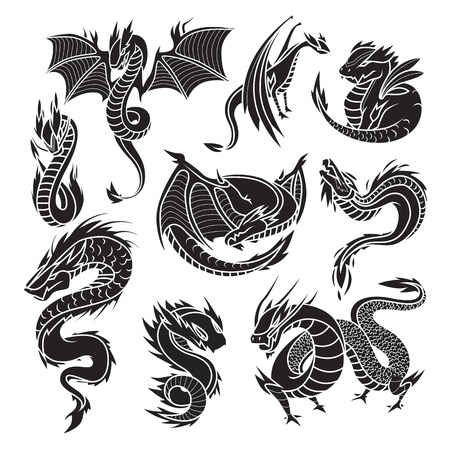 Chinese black dragon silhouettes on white background. Tattoo mythology tail monster magic icon asian art. Medieval fantasy animal mystic symbol vector set.のイラスト素材