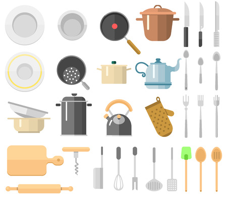 Vector kitchen tools set. Kitchenware collection. Lots of kitchen utensils cutlery. Modern flat design concepts for restaurant banners, cooking printed materials, infographics.のイラスト素材