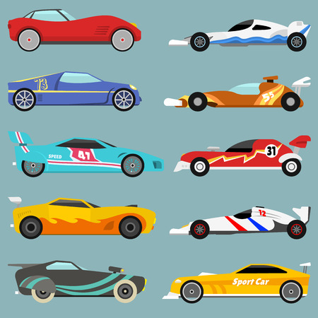 Side view sport car collection in detailed cartoon flat style. Motor sedan automotive fast transport element. Drive wheel graphic vector transportation concept.のイラスト素材