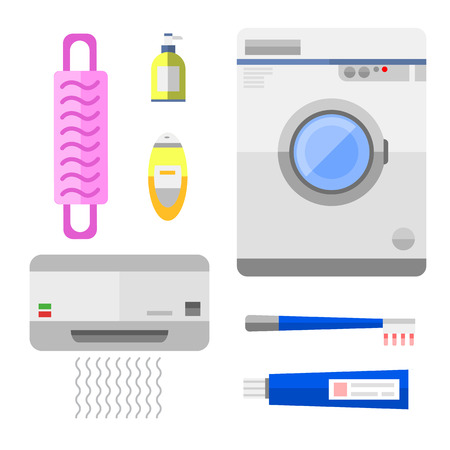 Bathroom icons toilet symbols vector illustration. Hygiene collection faucet room clean tools. Modern home bathtub shower equipment and beauty tap element.のイラスト素材