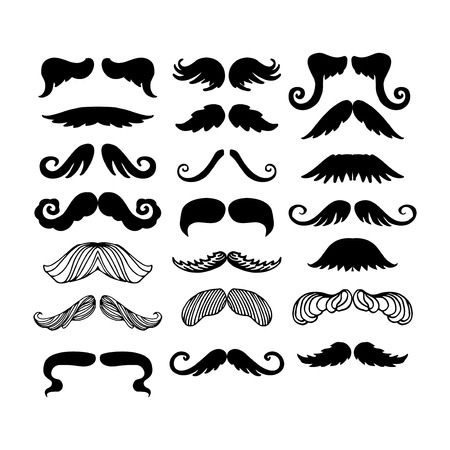 Black silhouette vector mustache. Hair hipster set. Curly collection beard barber. Gentleman symbol fashion adult human facial gave. Cartoon person mask variation design.のイラスト素材