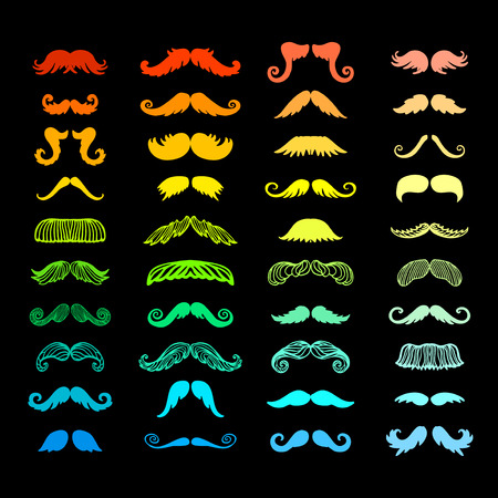 Black silhouette vector mustache. Hair hipster set. Curly collection beard barber. Gentleman symbol fashion adult human facial gave. Cartoon person mask variation design.のイラスト素材